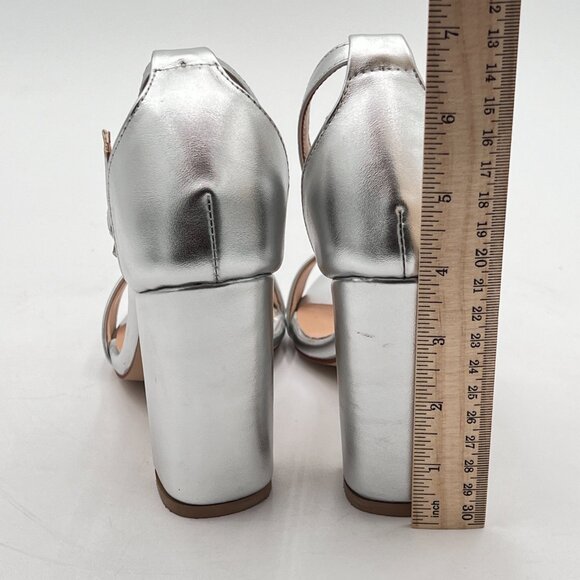 FSJ Silver Classic Chunky High Heel Sandals Open Toe Ankle Strap Dress Shoe - Picture 5 of 8